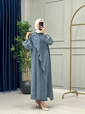 Açık Mavi İnci Detaylı Salaş Kot Elbise