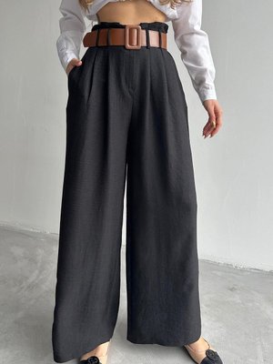 Siyah Keten Kemerli Bol Paça Pantolon