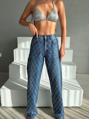 Mavi Loose Fit Önü Starlight Parlak Taşlı Tasarım Denim