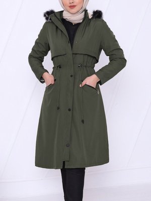 Haki Cebi Fermuarlı Çıkma Kapüşonlu Bondit Kaban