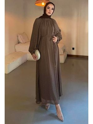 Taşlı Şifon Elbise Cappuccino