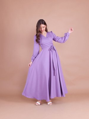 Leylak Uzun Kruvaze Yaka Kemerli Elbise