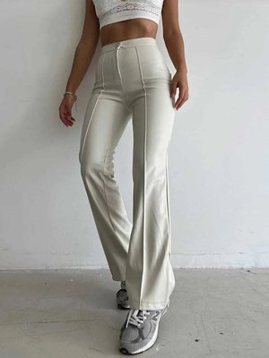 Bej Yüksek Bel Bol Paça Çımalı Deri Pantolon
