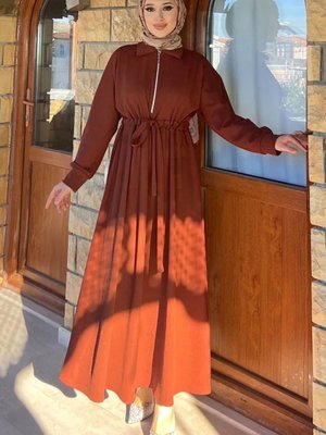 Kahverengi Fitilli Örme Kumaş Fermuar Detaylı Elbise