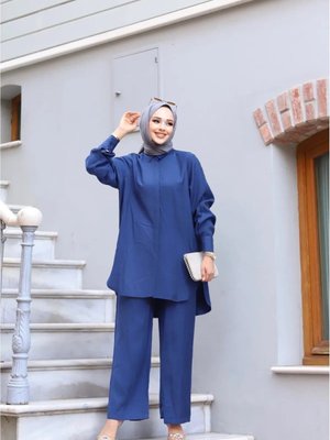 Lacivert Modal Kumaş Gömlek Pantolon İkili Geniş Kalıp Takım Lacivert Modal Kumaş Gömlek Pantolon İkili Geniş Kalıp Takım