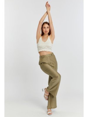 Küf Yeşili Keten İspanyol Paça Dokuma Pantolon