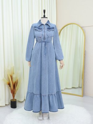 Buz Mavi Yarım Fermuarlı Tünel Bağcıklı Kolu Lastikli Kot Elbise