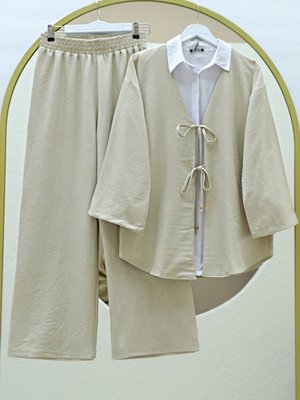 Bej Önü Çift Bağlamalı Pantolonlu Kimono Takım