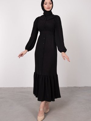 Siyah Geniş Yaka Düğmeli Kuşaklı Elbise Siyah Geniş Yaka Düğmeli Kuşaklı Elbise