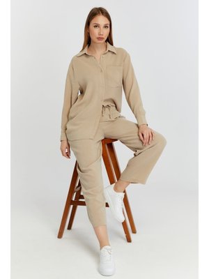 Bej Bol Paça Dokuma Pantolon