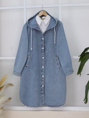 Buz Mavi Kapüşonlu Düğmeli Oval Kesim Kot Kap