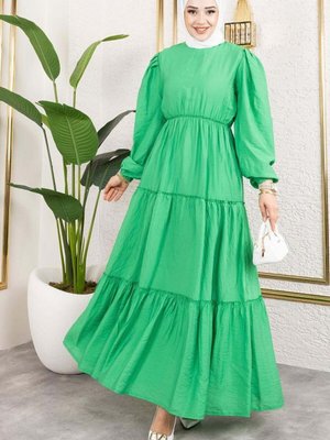 Yeşil Beli Lastikli Elbise