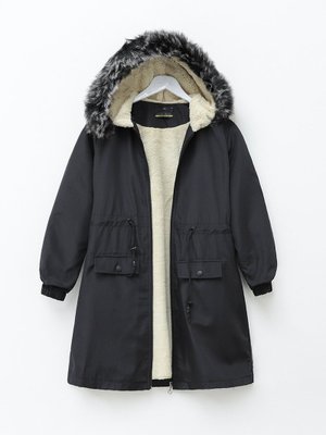 Siyah Sabit Kapüşonlu İçi Kürklü Bondit Kaban