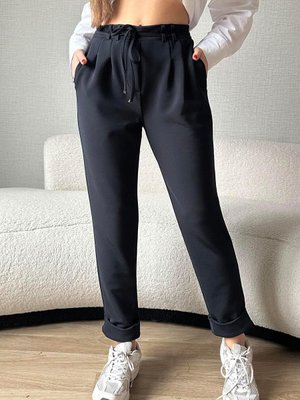 Lacivert İhracat Bel Bağlamalı Pileli Pantolon Lacivert İhracat Bel Bağlamalı Pileli Pantolon