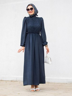 Koyu Lacivert Dantelli Robalı Melaj Keten Elbise