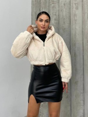 Krem Peluş Oversize Crop Kapüşonlu Mont