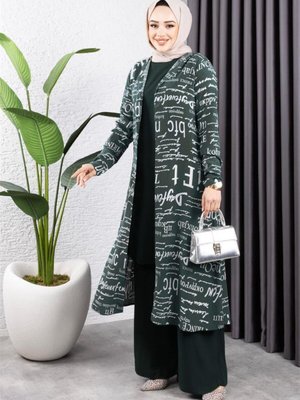 Zümrüt Yeşili Yazılı Üçlü Takım