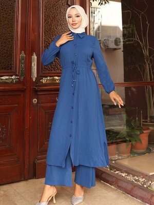 İndigo Yırtmaç Detaylı Uzun İkili Takım