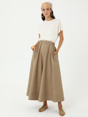 Bej Beli Lastikli Pamuklu Basic Poplin Etek Bej Beli Lastikli Pamuklu Basic Poplin Etek