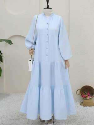 Bebe Mavi Yarım Düğmeli Parçalı Müslin Elbise Bebe Mavi Yarım Düğmeli Parçalı Müslin Elbise