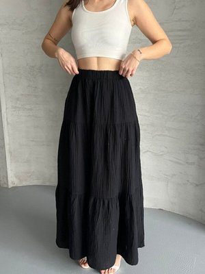 Siyah Uzun Büzgülü Katlı Müslin Kumaş Etek Siyah Uzun Büzgülü Katlı Müslin Kumaş Etek