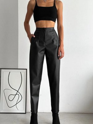 Siyah Deri Önü Çimalı İçi Şardonlu Kışlık Çepli Pantolon