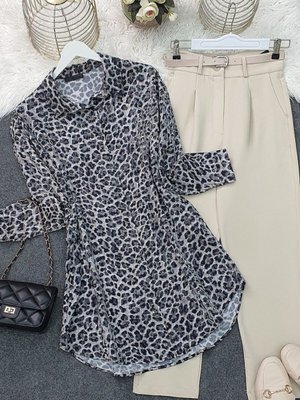 Gri Leopar Desen Düğmeli Oval Kesim Gömlek Gri Leopar Desen Düğmeli Oval Kesim Gömlek