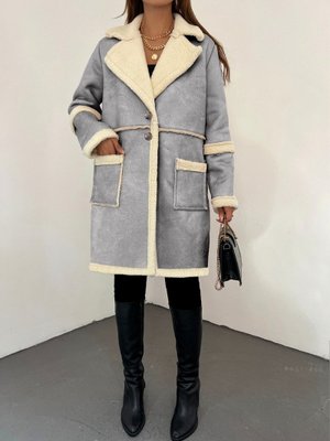 Gri İçi Kürklü Çift Düğmeli Cepli Süet Kaban