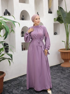 Lila Büzgü Yaka Kurdelalı Abiye Elbise