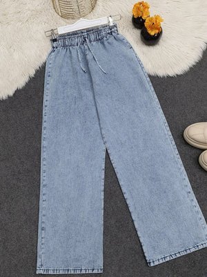 Buz Mavi Bol Paça Beli Lastikli Bağcık Detaylı Kot Pantolon