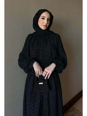 Siyah Taşlı Şifon Elbise
