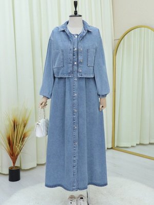 Buz Mavi Beli Lastikli Boydan Düğmeli Jile Ceket Takım