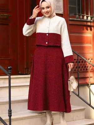 Bordo Parlak Tüvit Kumaş Ceketli İkili Takım