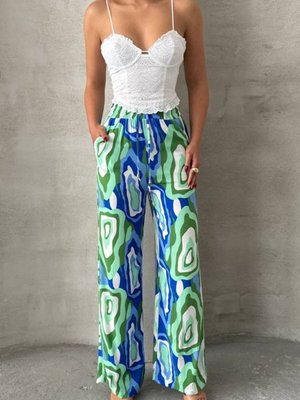 Yeşil Mavi Desenli Bol Paça Viskon Pantolon
