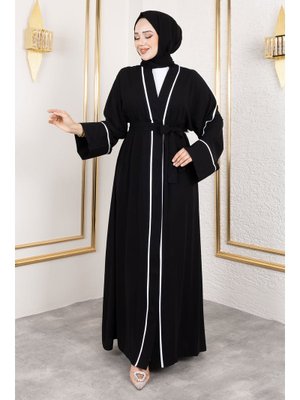 Siyah Çıtçıtlı Biye Detaylı Şallı Abaya