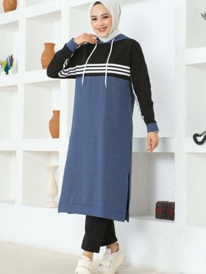 İndigo Şeritli Yırtmaçlı Spor İkili Takım