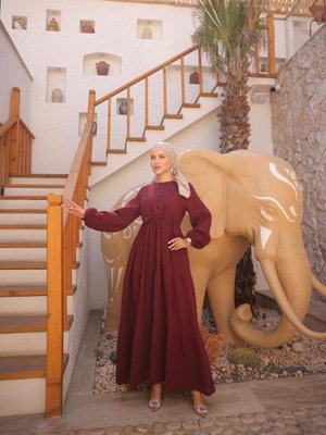 Bordo Belden Bağlamalı Çingene Model Müslin Elbise