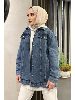 Koyu Mavi Omuz Taş Detaylı Oversize Kot Ceket