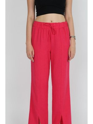 Kırmızı Keten Önden Yırtmaç Detaylı Pantolon