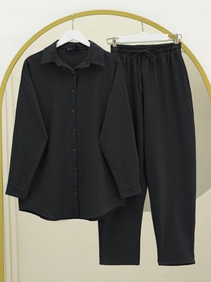 Siyah Boydan Düğmeli Pantolon Gömlek Keten Takım