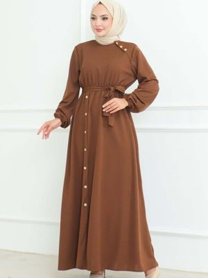 Kahverengi Omuz Detaylı Düğmeli Elbise Kahverengi Omuz Detaylı Düğmeli Elbise