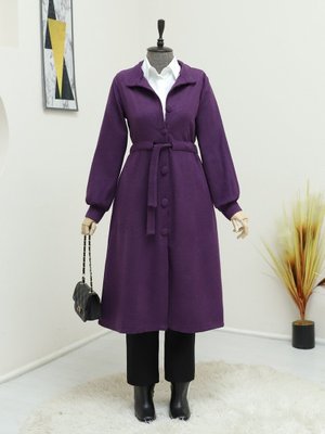 Mor Hakim Yaka Tünel Bağcıklı Kaşe Kaban