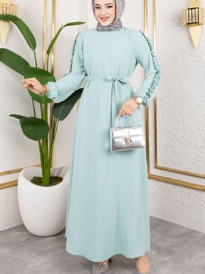 Turkuaz Kolları Fırfır Detaylı Elbise Turkuaz Kolları Fırfır Detaylı Elbise