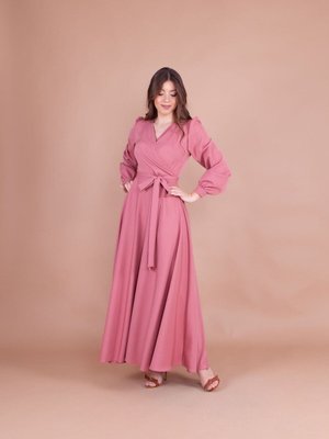 Gül Kurusu Uzun Kruvaze Yaka Kemerli Abiye Elbise