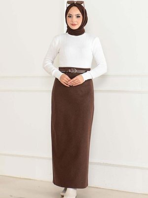 Kahverengi Uzun Kemerli Kaşe Kalem Etek Kahverengi Uzun Kemerli Kaşe Kalem Etek