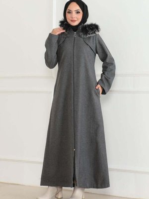 Antrasit Kapüşonu Kürklü Kaşe Kaban Antrasit Kapüşonu Kürklü Kaşe Kaban