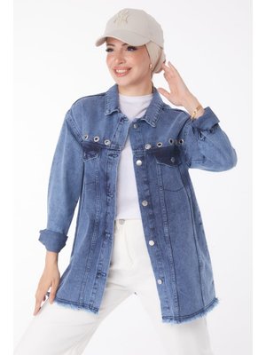 Koyu Mavi Kuş Gözlü Kot Ceket