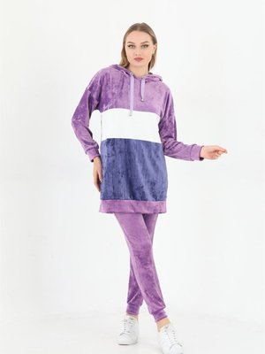 Lila Fransız Kadife Kapüşonlu Eşofman Takım