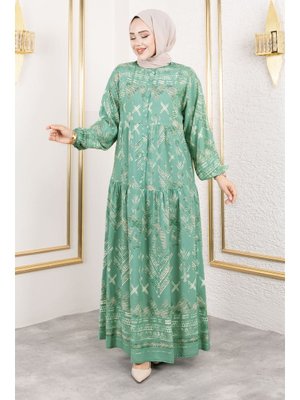 Yeşil Patlı Yarım Düğmeli Viskon Elbise