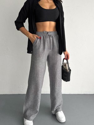 Gri Keten Kumaş Beli Lastikli Rahat Kalıp Pantolon